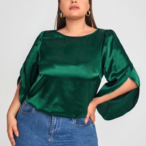 Bellanblue Tops - Plus Hunter Green Satin Top Office Work Party
